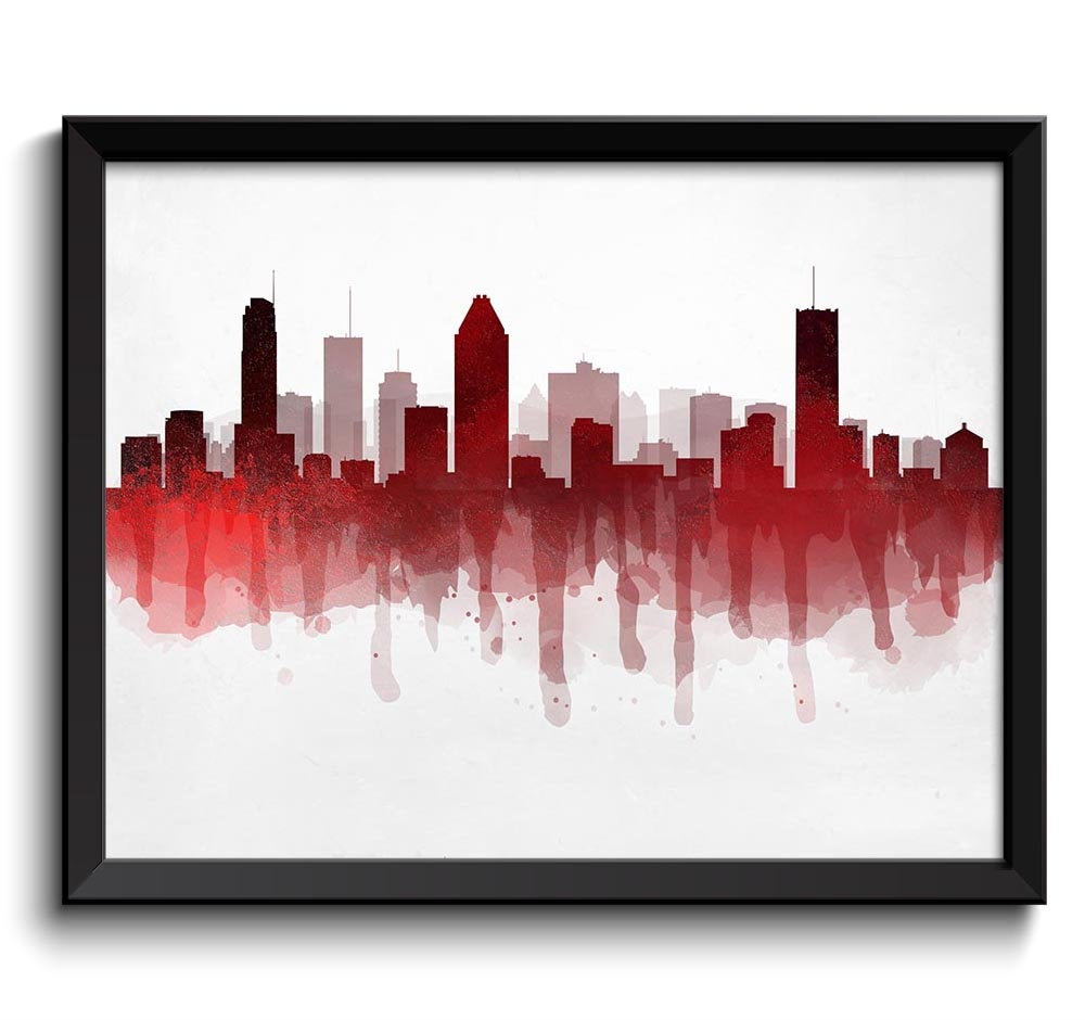 Montreal Red Black Grey Grey Skyline Quebec Canada Cityscape Art Print Poster Watercolor Painting