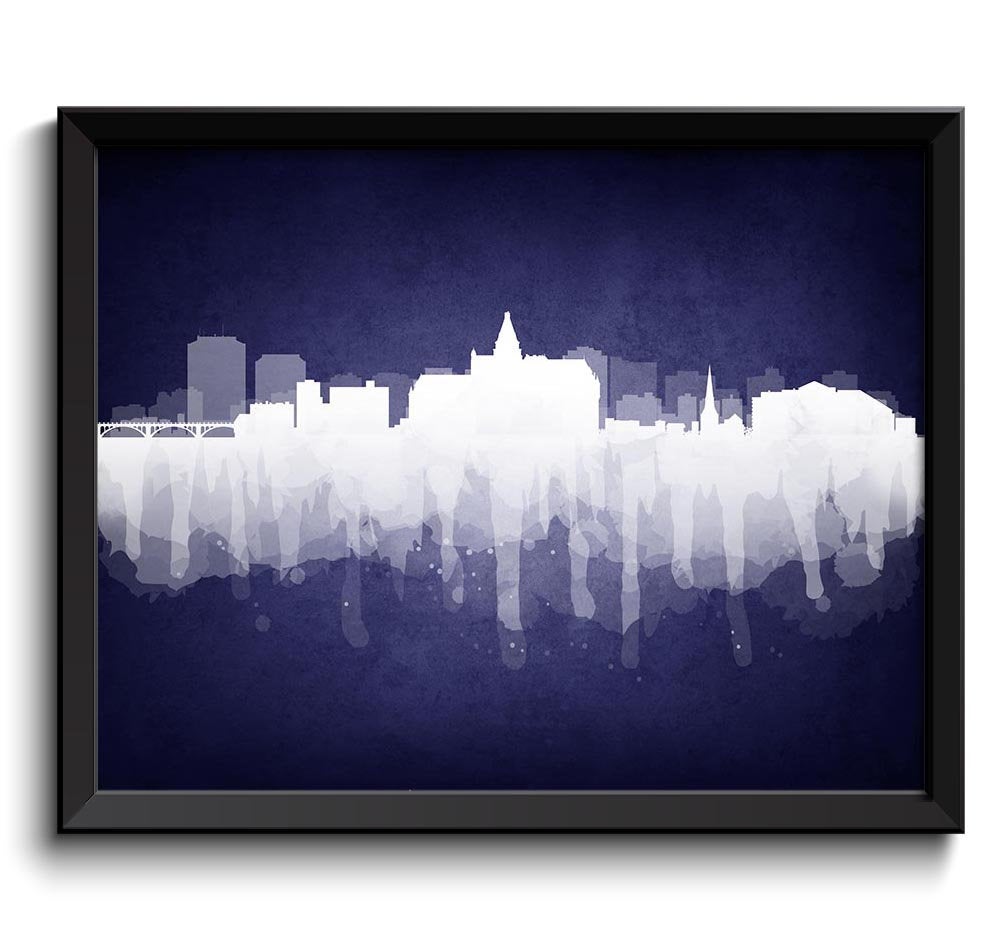 Saskatoon Skyline Saskatchewan Canada Cityscape Art Print Poster Navy Blue White Watercolor Painting