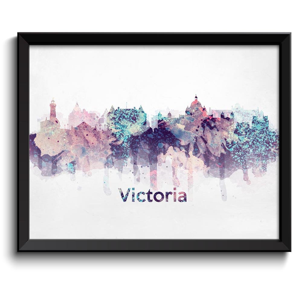 Victoria Turquoise Blue Pink Purple Skyline BC British Columbia Canada Cityscape Art Print Poster Wa