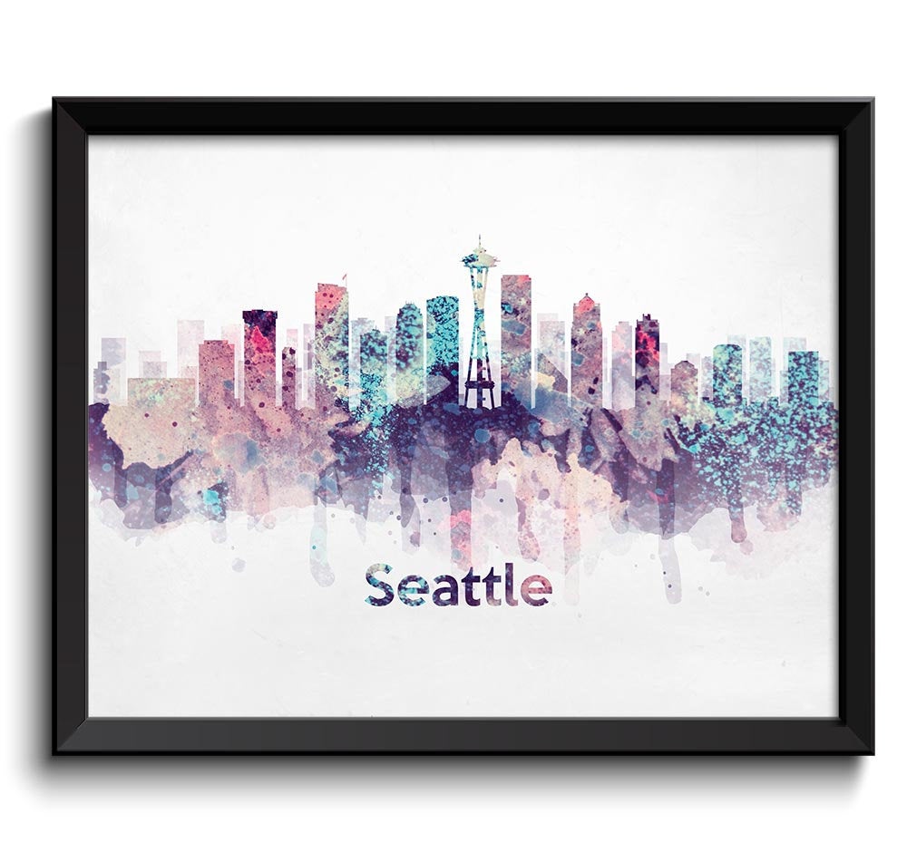 Seattle Skyline Washington USA United States Cityscape Art Print Poster Turquoise Blue Pink Purple W