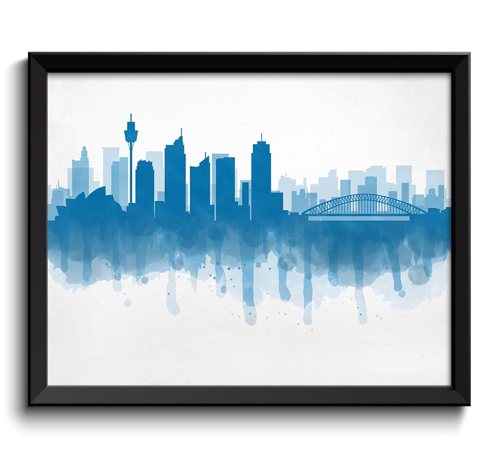 Sydney Skyline Australia Cityscape Art Print Poster Blue Turquoise Watercolor Painting