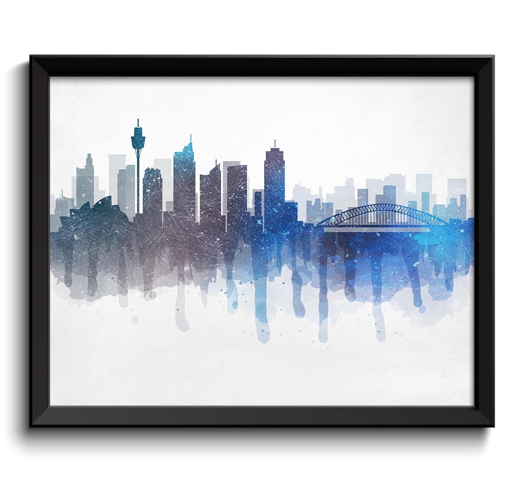 Sydney Skyline Australia Cityscape Art Print Poster Blue Turquoise Deep Grey Gray Watercolor Paintin