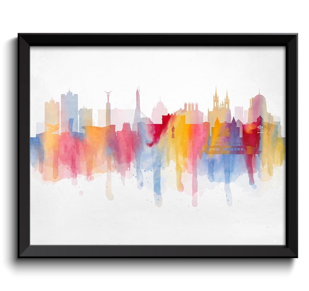 Samara Skyline Russia Cityscape Art Print Poster Blue Red Pink Yellow Watercolor Painting Landscape 