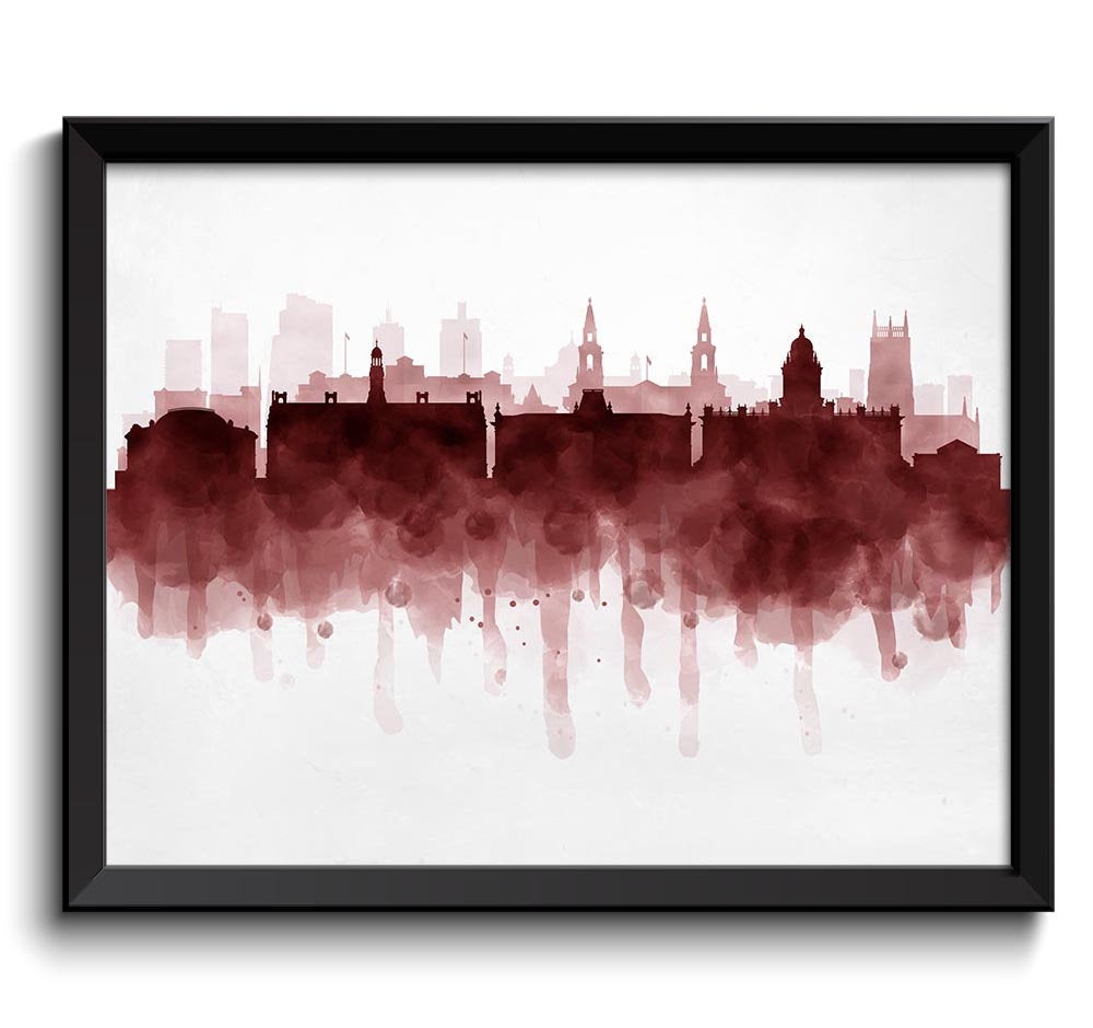 Leeds Skyline England Europe Cityscape Art Print Poster Deep Dark Red Burgundy Watercolor Painting