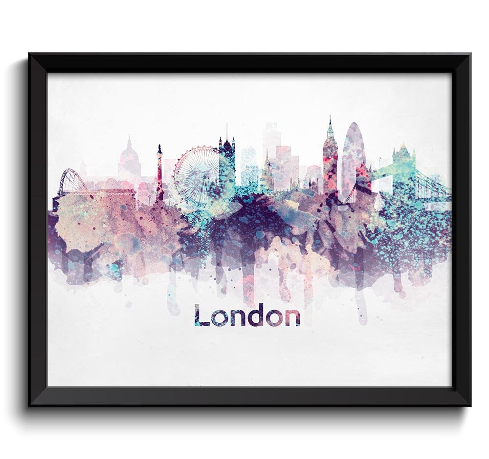 London Skyline City Name England Europe Cityscape Art Print Poster Pink Purple Turquoise Blue Waterc