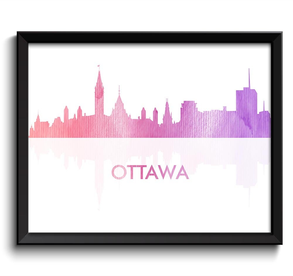 Ottawa Skyline City Purple Pink Salmon Watercolor Painting Cityscape Poster Print Ontario Canada Abs