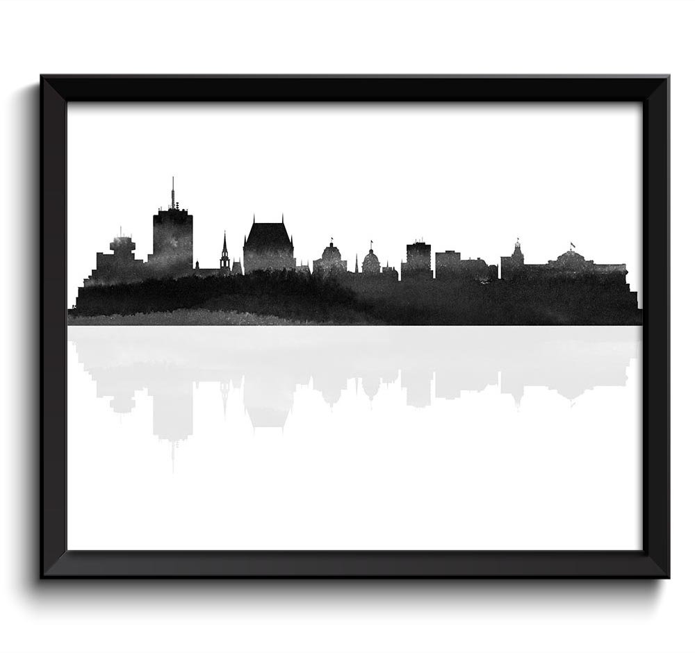 Quebec City Skyline Black White Grey Gray Watercolor Cityscape Poster Print Quebec Canada Abstract L