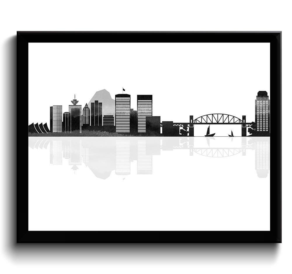 Vancouver Skyline City Black White Grey Watercolor Cityscape Poster Print British Columbia Canada Ab