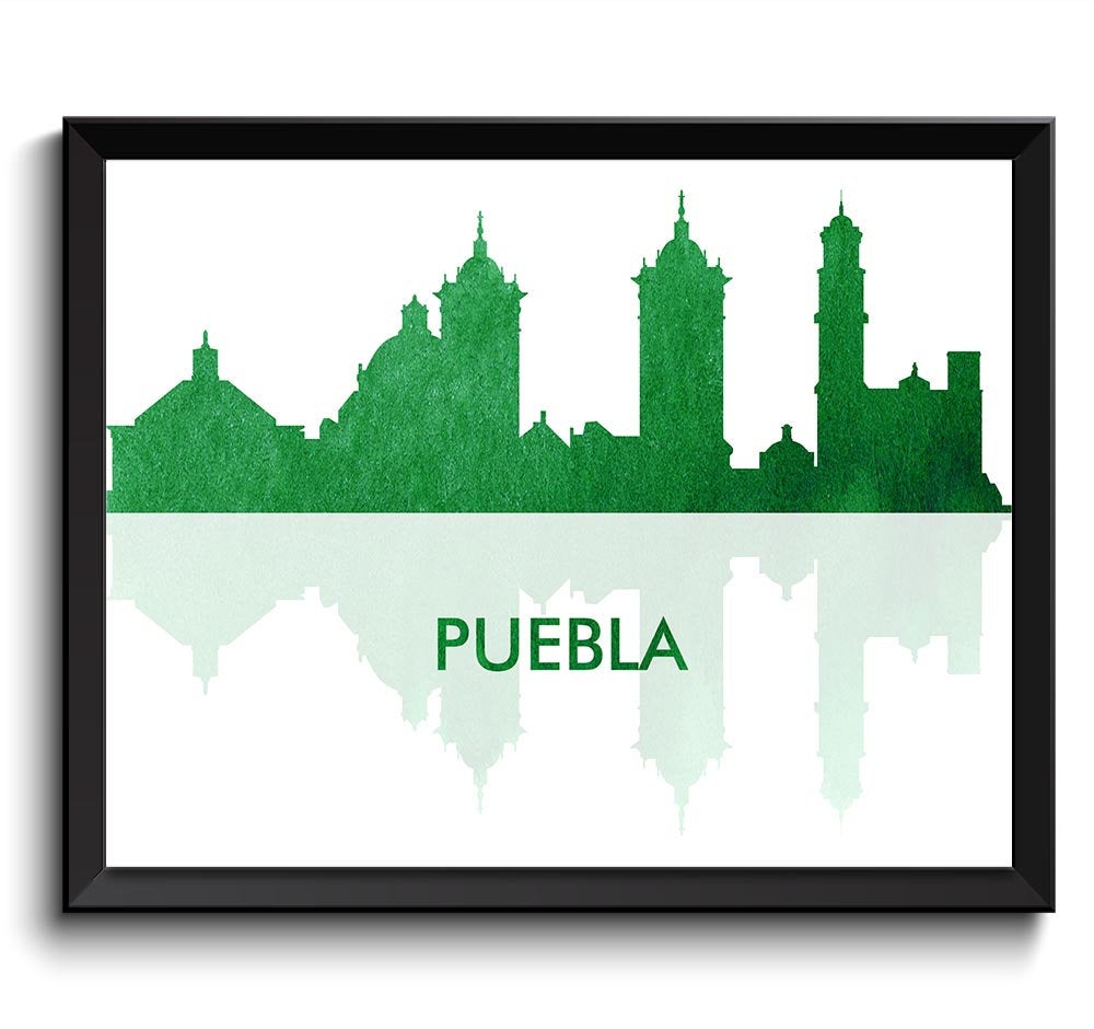 Puebla Skyline City Green Watercolor Painting Cityscape Poster Print Mexico South America Modern Lan