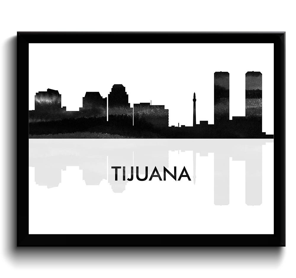 Tijuana Skyline City Navy Sky Blue Watercolor Painting Cityscape Poster Print Mexico South America M