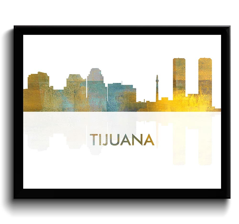 Tijuana Skyline City Navy Sky Blue Watercolor Painting Cityscape Poster Print Mexico South America M