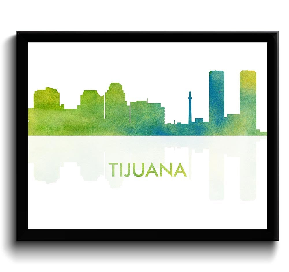 Tijuana Skyline City Navy Sky Blue Watercolor Painting Cityscape Poster Print Mexico South America M