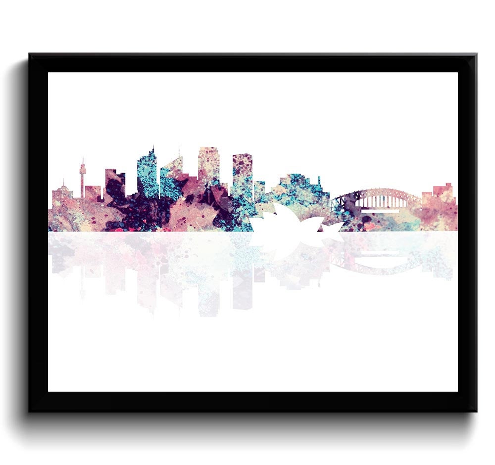 Sydney Skyline Australia City Pink Purple Blue Beige Watercolor Cityscape Poster Print Abstract Land