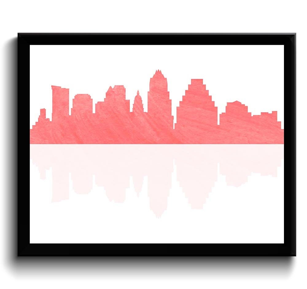 Austin Skyline Texas City Pink Coral Salmon Watercolor Cityscape Poster Print Modern Abstract Landsc