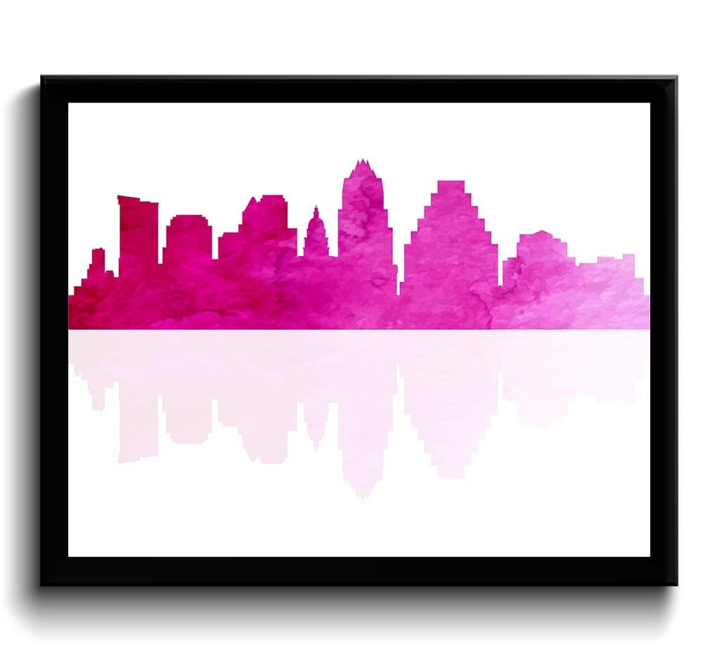 Austin Skyline Texas City Hot Pink Watercolor Cityscape Poster Print Modern Abstract Landscape Art P