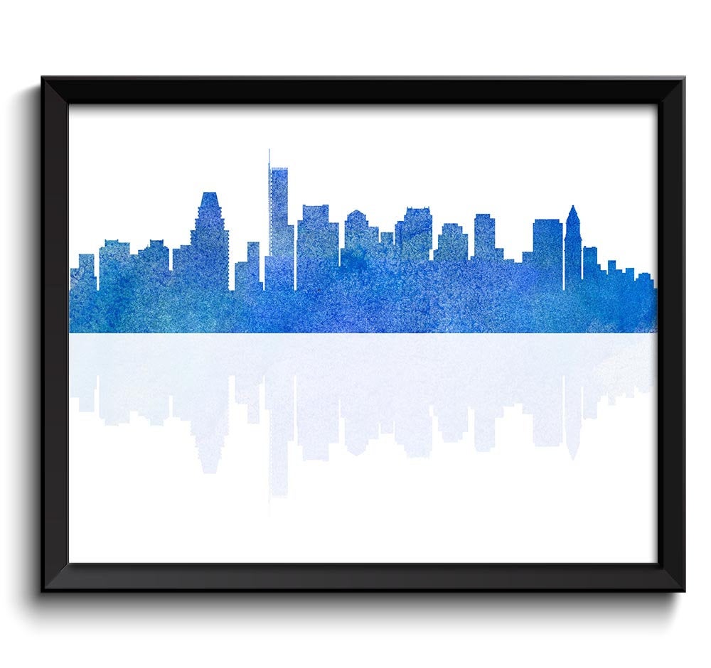 Boston Skyline Massachusetts City Navy Royal Blue Watercolor Cityscape Poster Print Modern Abstract 