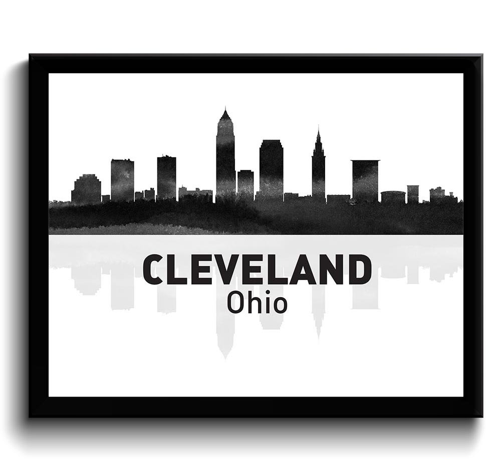 Cleveland Skyline Ohio City Black White Grey Watercolor Cityscape Poster Print Modern Abstract Lands