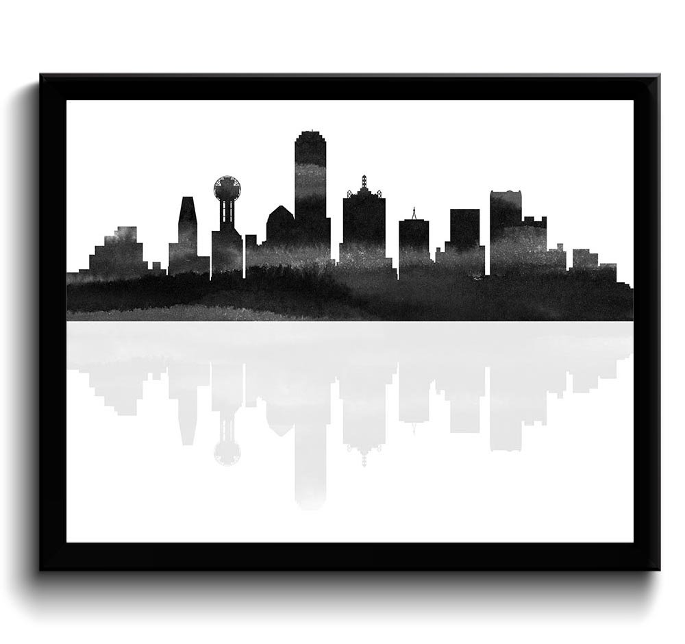 Dallas Skyline Texas City Black White Grey Gray Watercolor Cityscape Poster Print Modern Abstract La