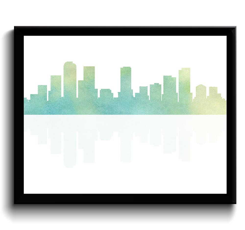 Denver Skyline Colorado City Pale Blue Green Beige Watercolor Cityscape Poster Print Abstract Landsc