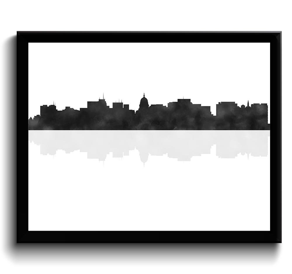 Madison Skyline Black White Grey Wisconsin USA United States Cityscape Art Print Poster Watercolor P