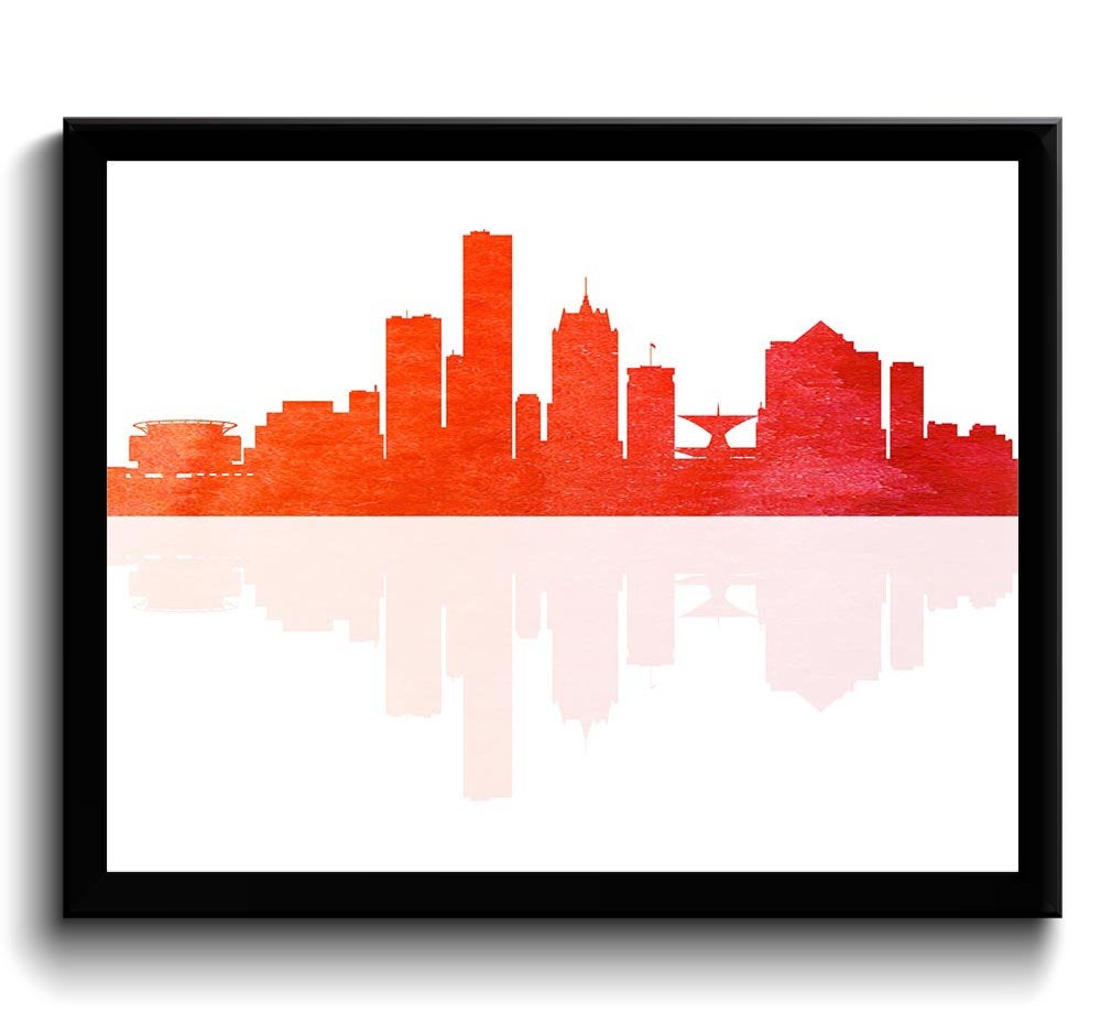 Milwaukee Skyline Wisconsin City Red Orange Coral Rainbow Watercolor Cityscape Poster Print Abstract