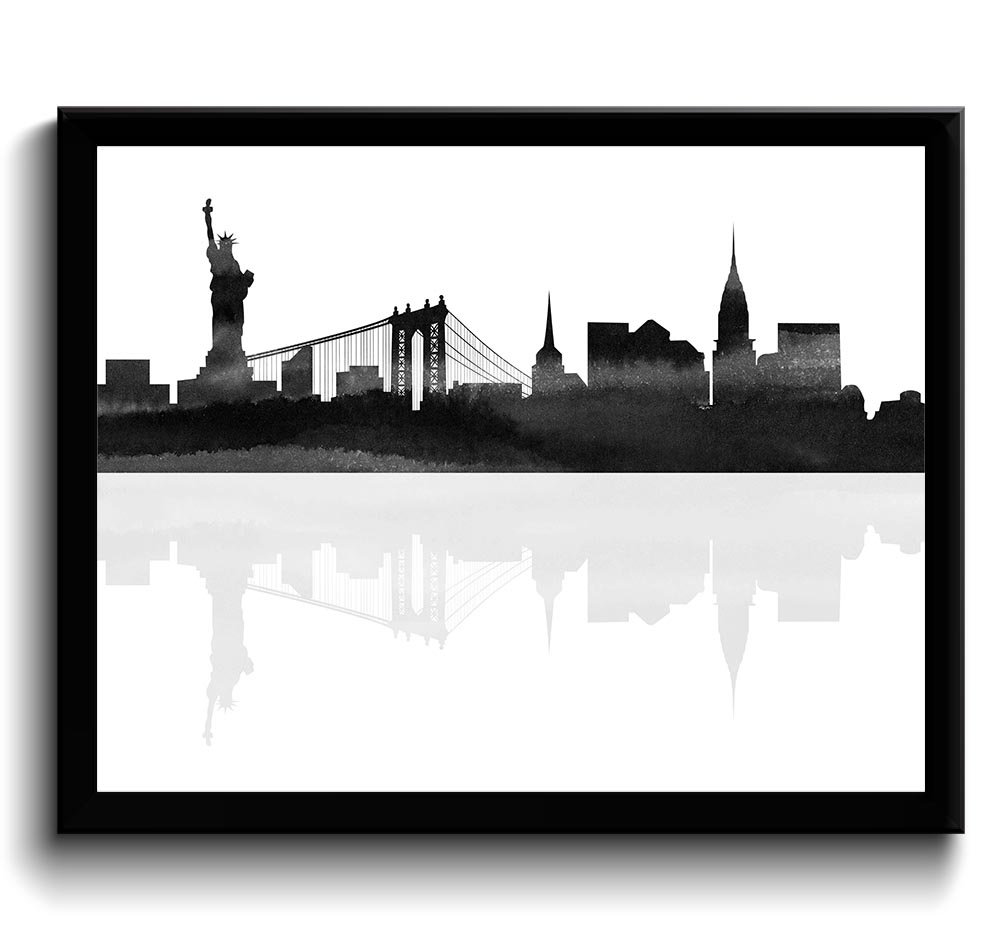 New York City Skyline Grey Black White Watercolor Cityscape Poster Print Modern Abstract Landscape A