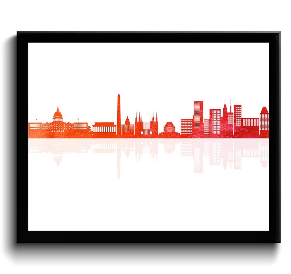 Washington DC Skyline Sunset Red Orange Washington District of Columbia Wall Art Print Poster Waterc