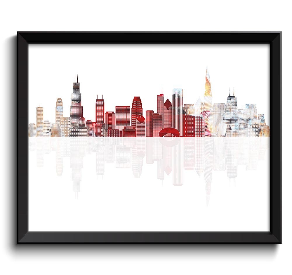 Chicago Skyline Red Beige Grey Silver Illinois City Colorful Cityscape Poster Print Landscape Art Pa