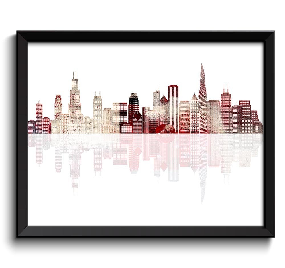 Chicago Skyline Red Grey Beige Brown Illinois City Colorful Cityscape Poster Print Landscape Art Pai