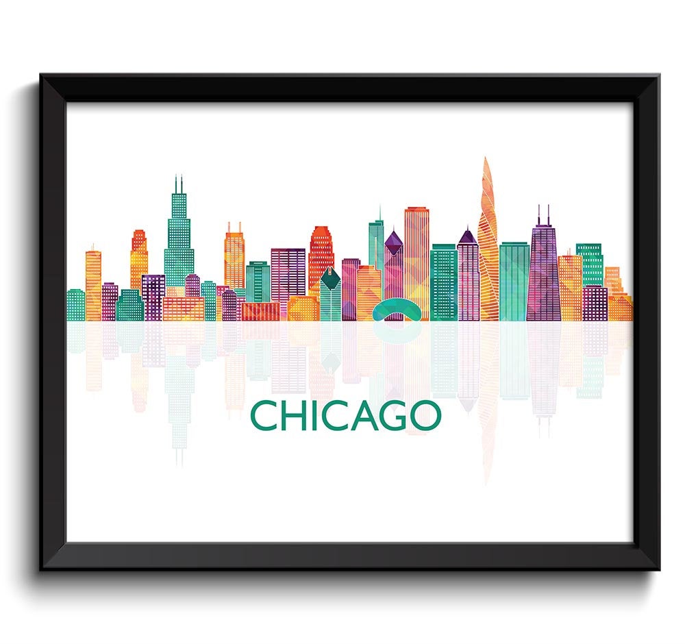 Chicago Skyline City Name Green Blue Teal Pink Purple Peach Illinois Colorful Cityscape Poster Print