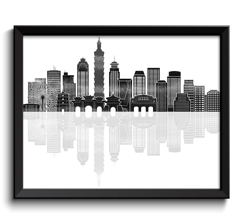 Taipei Skyline Black and White City Colorful Cityscape Print Poster Taiwan Asia Landscape Art Painti