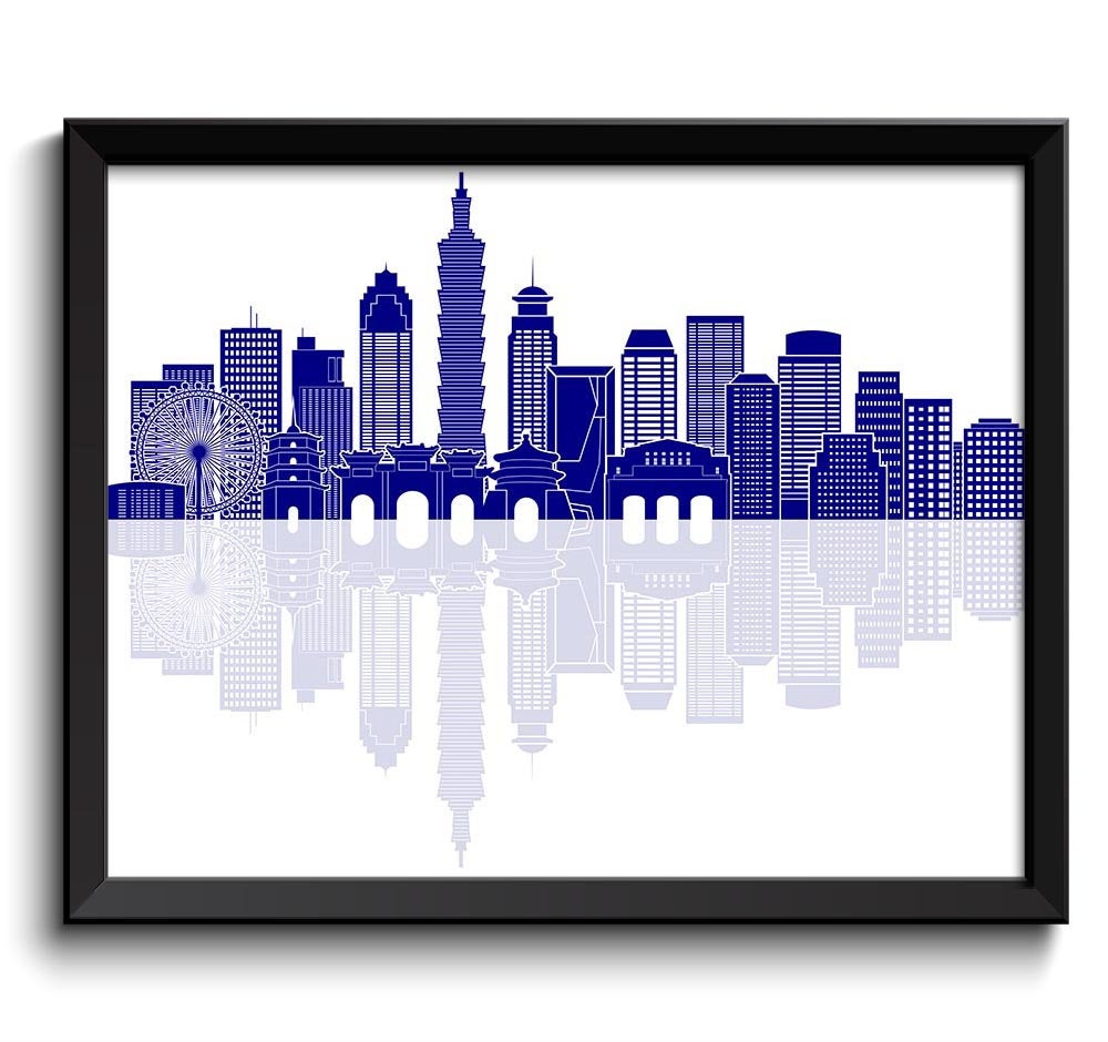 Taipei Skyline Navy Blue City Colorful Cityscape Print Poster Taiwan Asia Landscape Art Painting