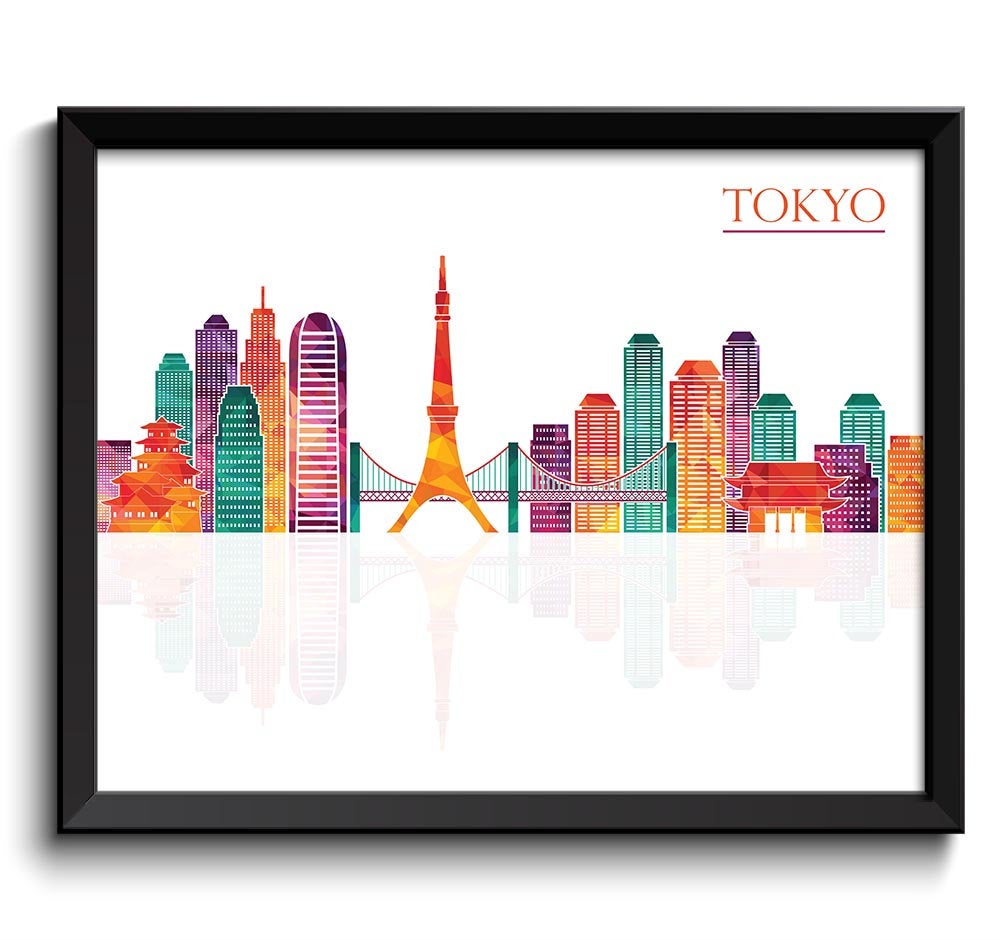 Tokyo Skyline Green Blue Teal Pink Purple Peach City Colorful Cityscape Print Poster Japan Asia Land