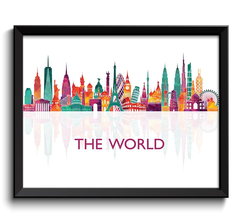 World Skyline City Name Blue Teal Purple Peach Colorful Cityscape Famous Landmark Poster Print Globe