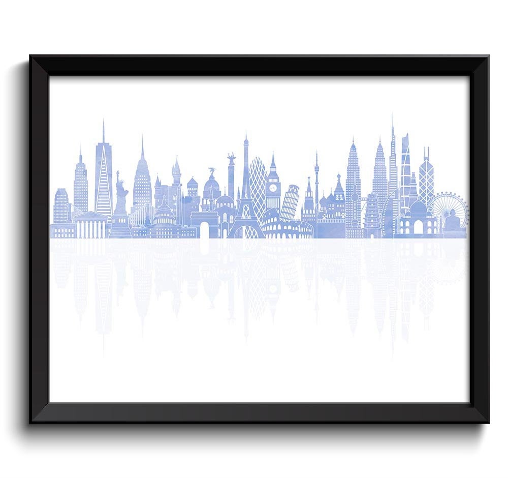 World Skyline Steel Blue Watercolor Painting City Cityscape Famous Landmarks World Poster World Prin