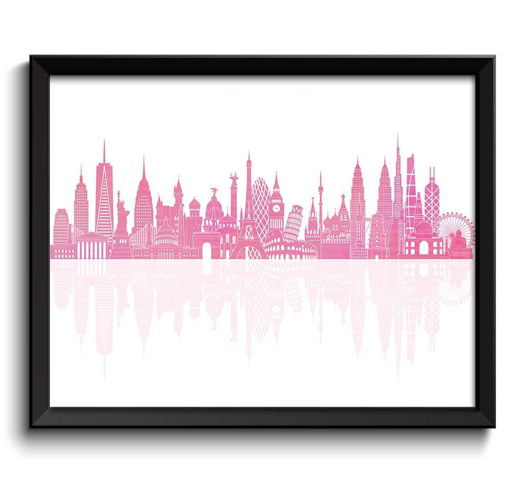 World Skyline Bright Pink Watercolor Painting City Cityscape Famous Landmarks World Poster World Pri