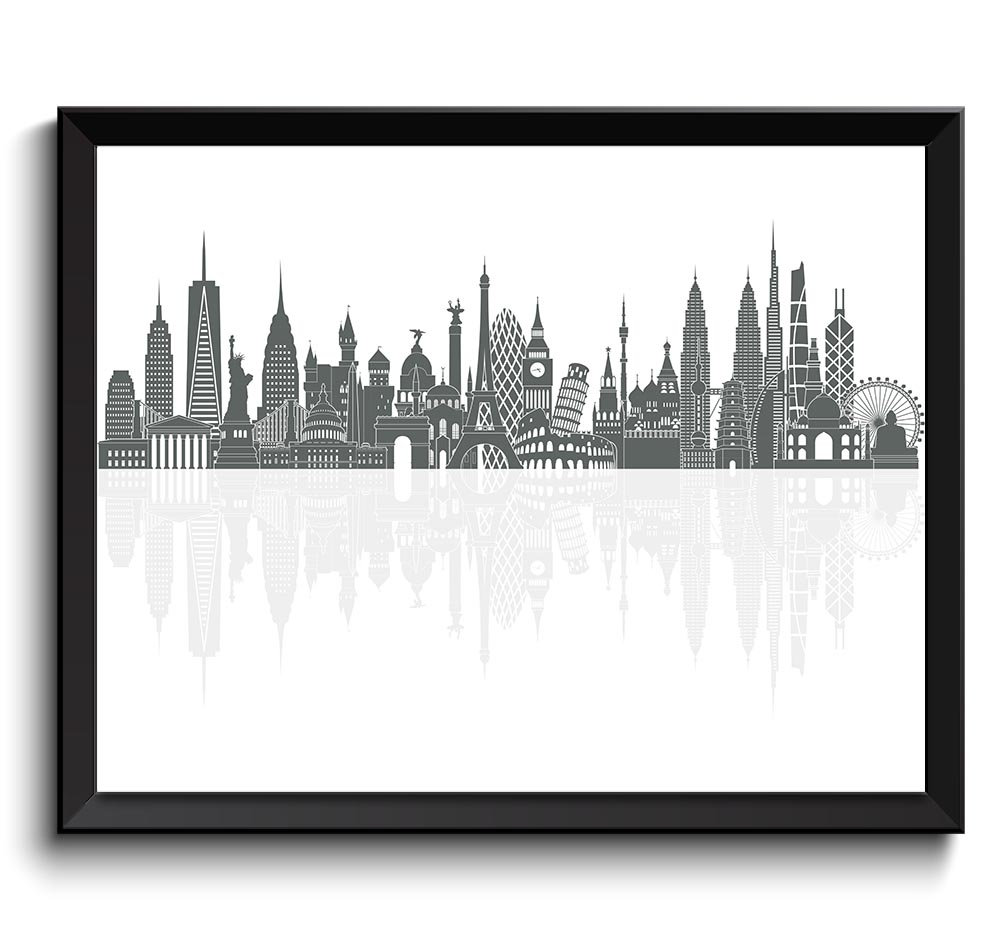 World Skyline Grey Watercolor Painting City Cityscape Famous Landmarks World Poster World Print Glob