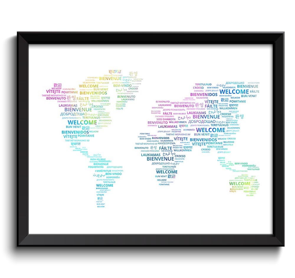 World Welcome in Different Languages Rainbow Blue Pink Yellow Word Cloud Typography Print Text Print