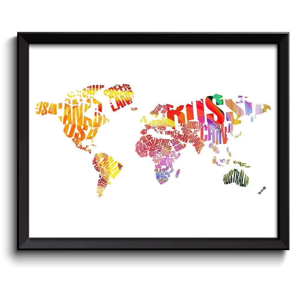 World Text Words Typography World Map Poster Print Yellow Orange Red Watercolor Word Cloud Globe Lan