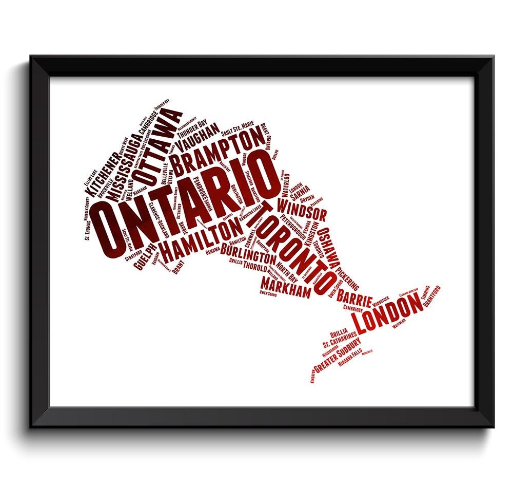 Ontario Map Province Canada Text Word Watercolor Poster Print Red Black White Abstract Landscape Art