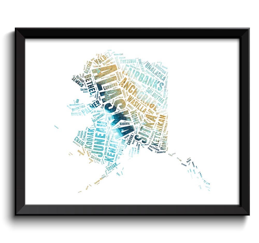 Alaska Map Teal Blue Beige Typography Print Text Word Cloud Poster Print USA United States Modern La