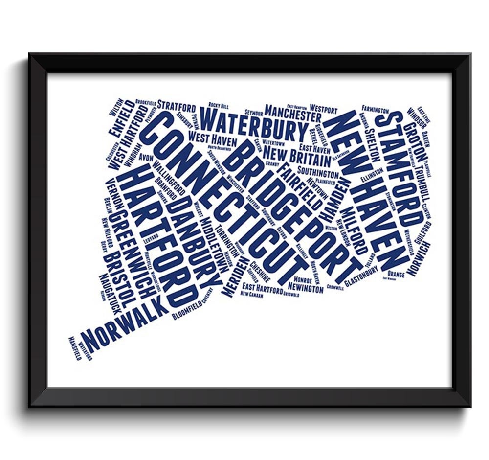 Connecticut Map State Text Words Watercolor Poster Print Navy Blue White USA United States Modern La