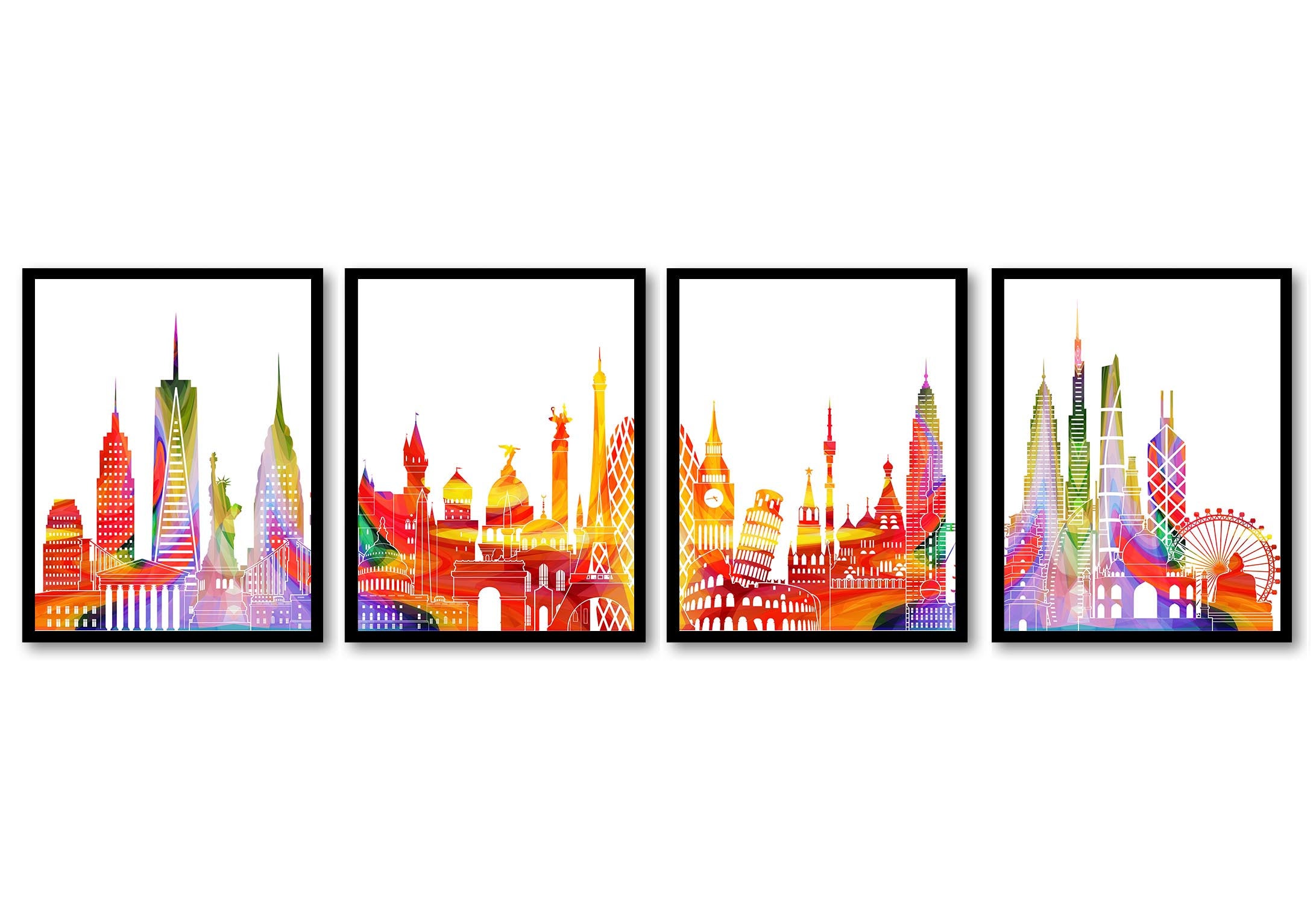 World Skyline City Colorful Set of 4 Cityscape Red Purple Yellow Green Famous Landmarks Poster Print