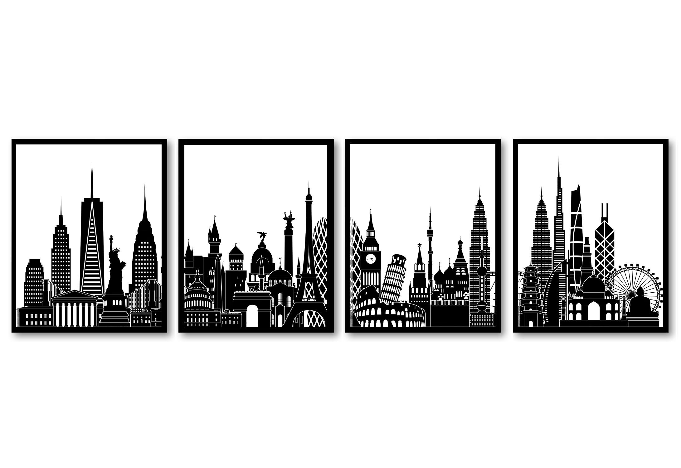 World Skyline City Black White Set of 4  Cityscape Famous Landmarks Poster Print Globe Map Modern La