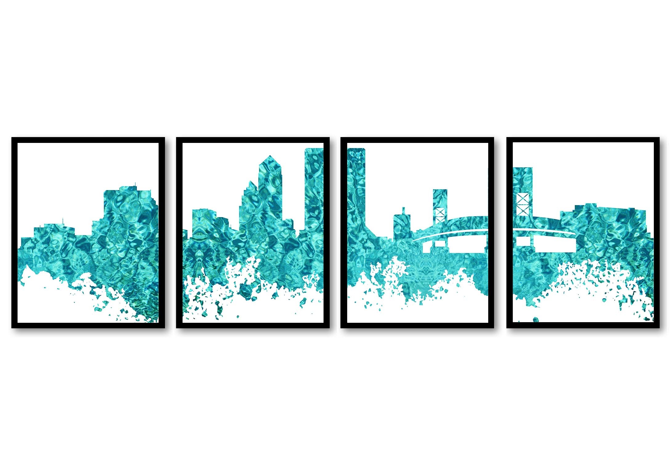 Jacksonville Skyline City Teal Blue Set of 4 Cityscape Florida Famous Landmarks Poster Print Modern 