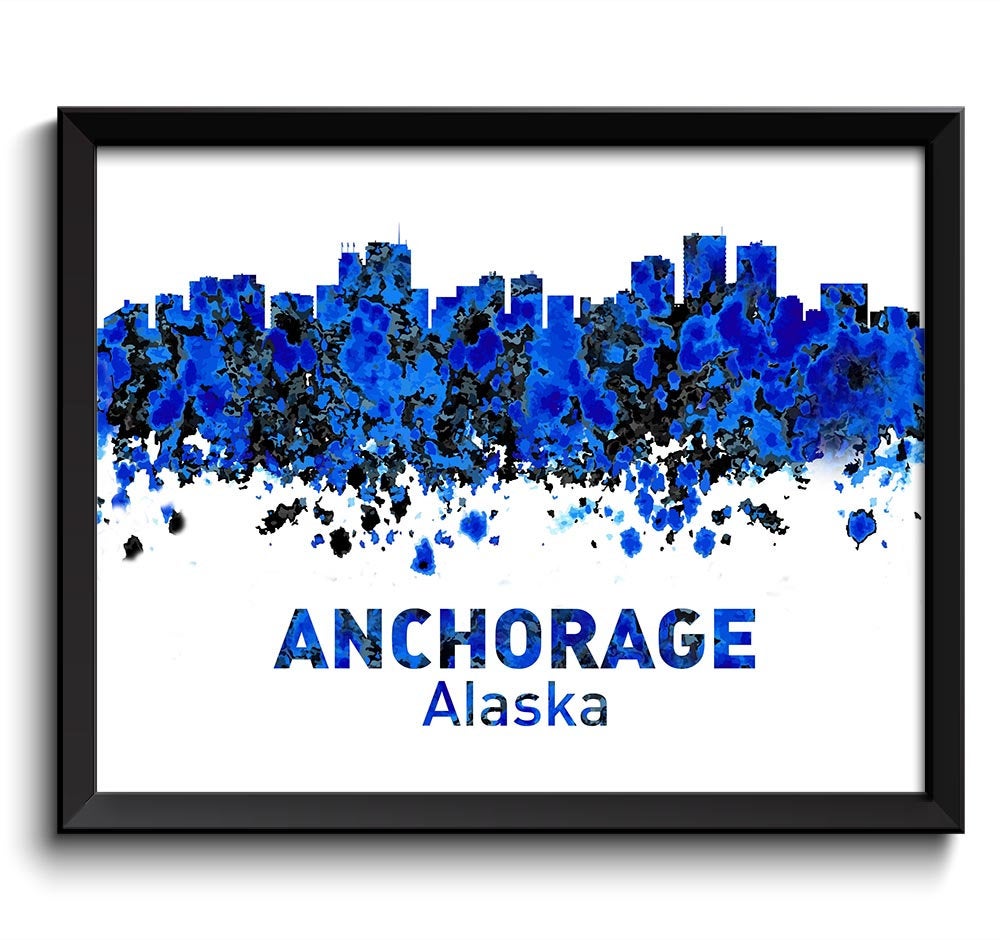 Anchorage Skyline Alaska Navy Blue Black Watercolor Cityscape Poster Print City Abstract Landscape A