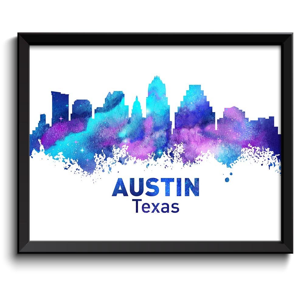 Austin Skyline Texas City Navy Turquoise Blue Purple Watercolor Cityscape Poster Print Abstract Land