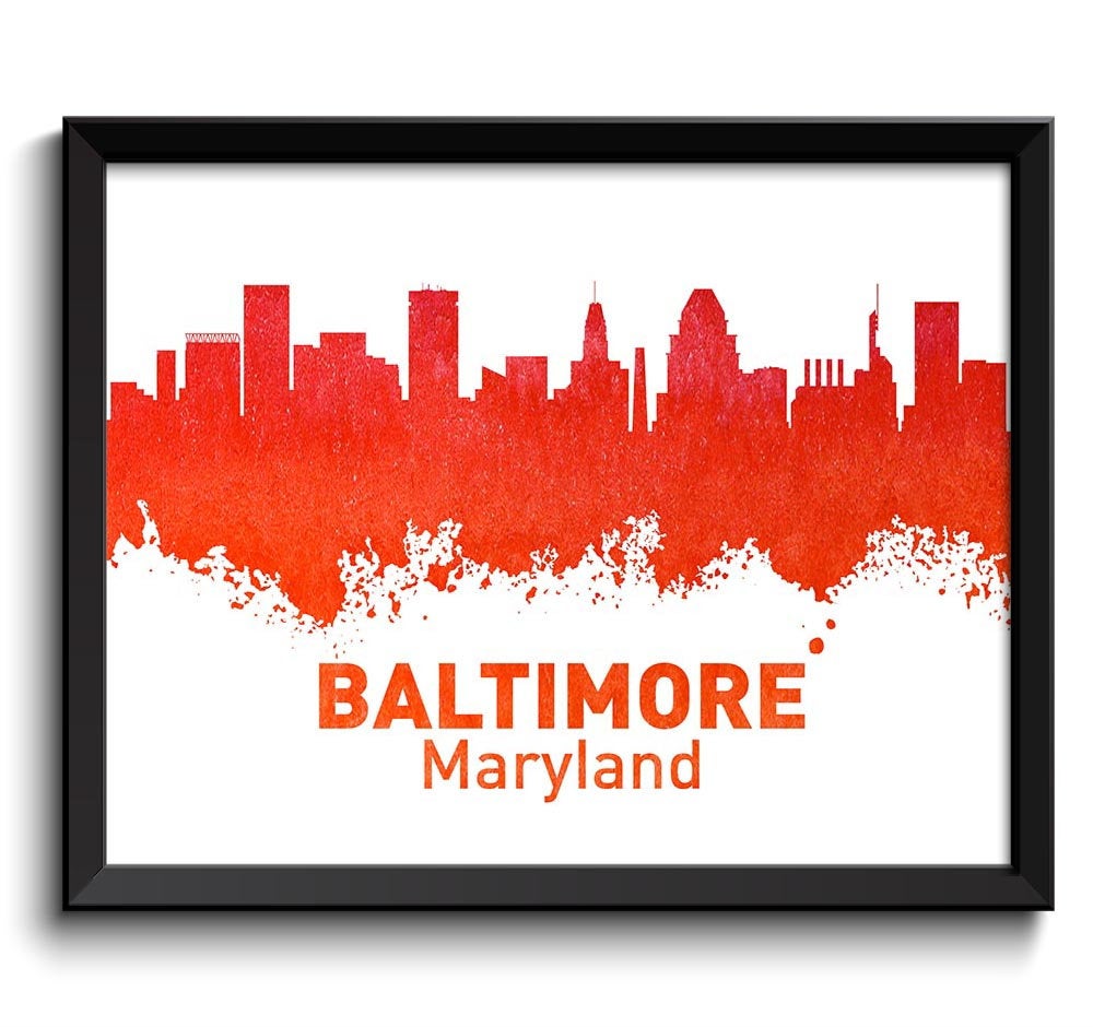 Baltimore Skyline Maryland City Red Orange Coral Watercolor Cityscape Poster Print Modern Landscape 