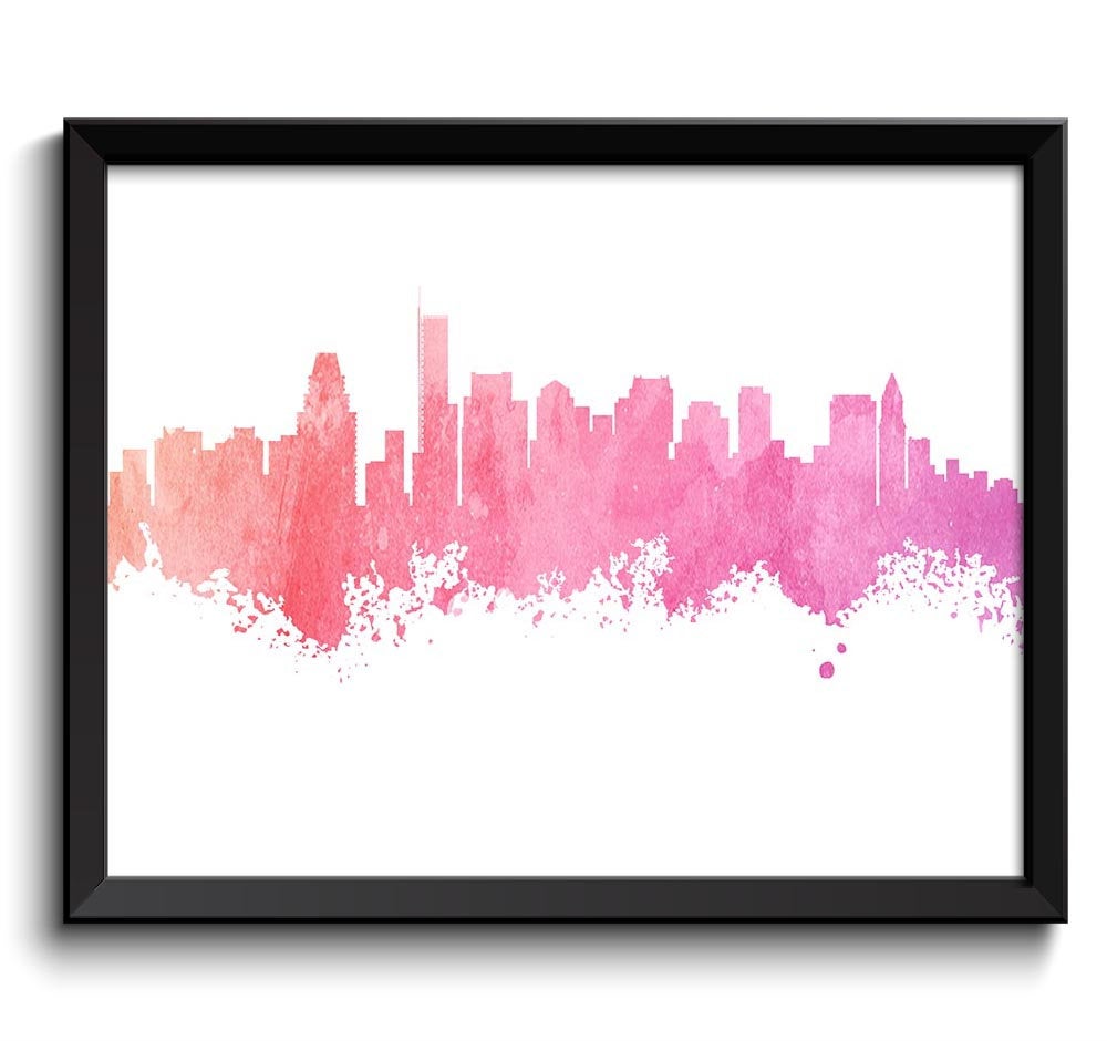 Boston Skyline Massachusetts Pink Coral Salmon Watercolor Cityscape Poster Print Landscape Art Paint