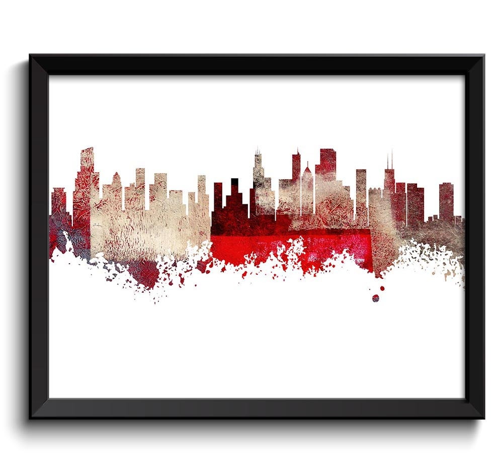 Chicago Skyline Illinois City Red Beige Brown Cream Watercolor Cityscape Poster Print Abstract Lands